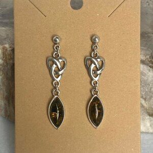 Sterling Silver 925 Celtic Knot Baltic Amber Cabochon Dangle Drop Earrings